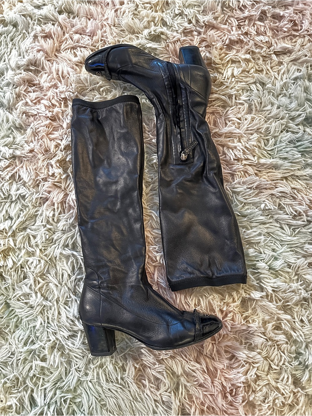 Chanel Knee High Cap Toe Ruffle CC Boots Size 36.5 - Picture 2 of 13